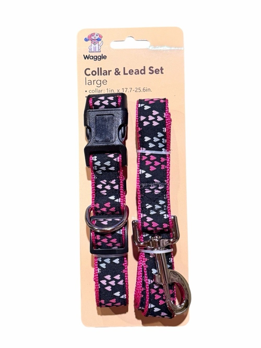 NEW Waggle Heart Print Collar & Lead Set - Black & Pink